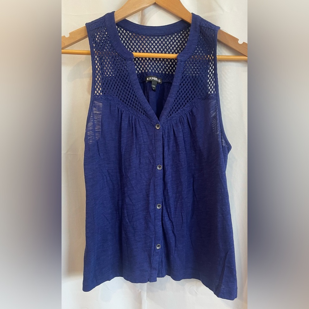 Express Women's Blue Sleeveless Buttoned Top with Mesh Detail
